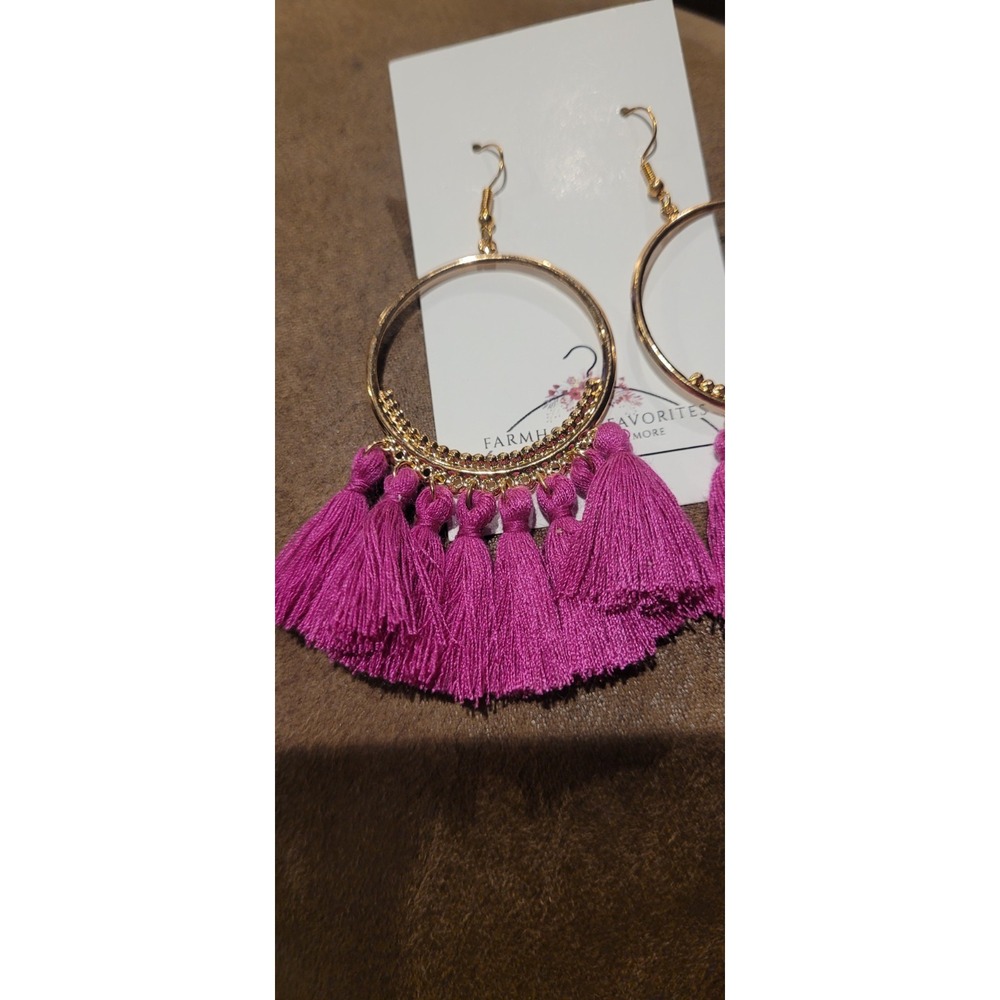 Fuchsia Tassel Open Teardrop Dangle Earrings – Gold Tone Hook Style - Picture 4 of 5